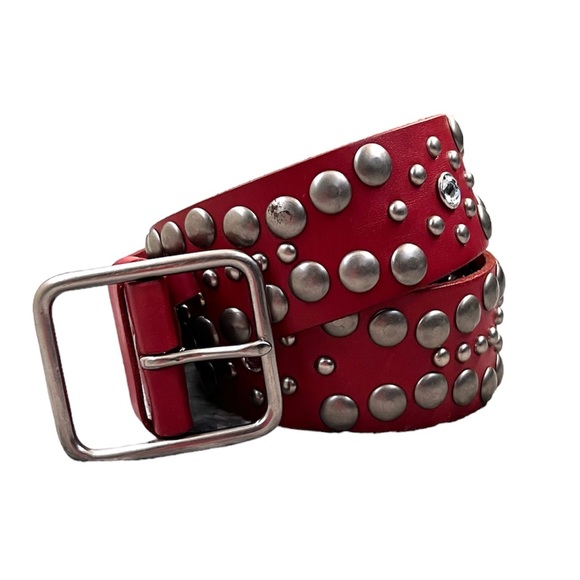 Linea Pelle Red Leather Silver Studded Belt - Picture 10 of 12